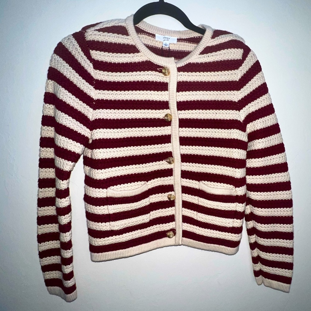 Kids Striped Burgundy and Cream Sweater 12/14 thick knitted cardigan